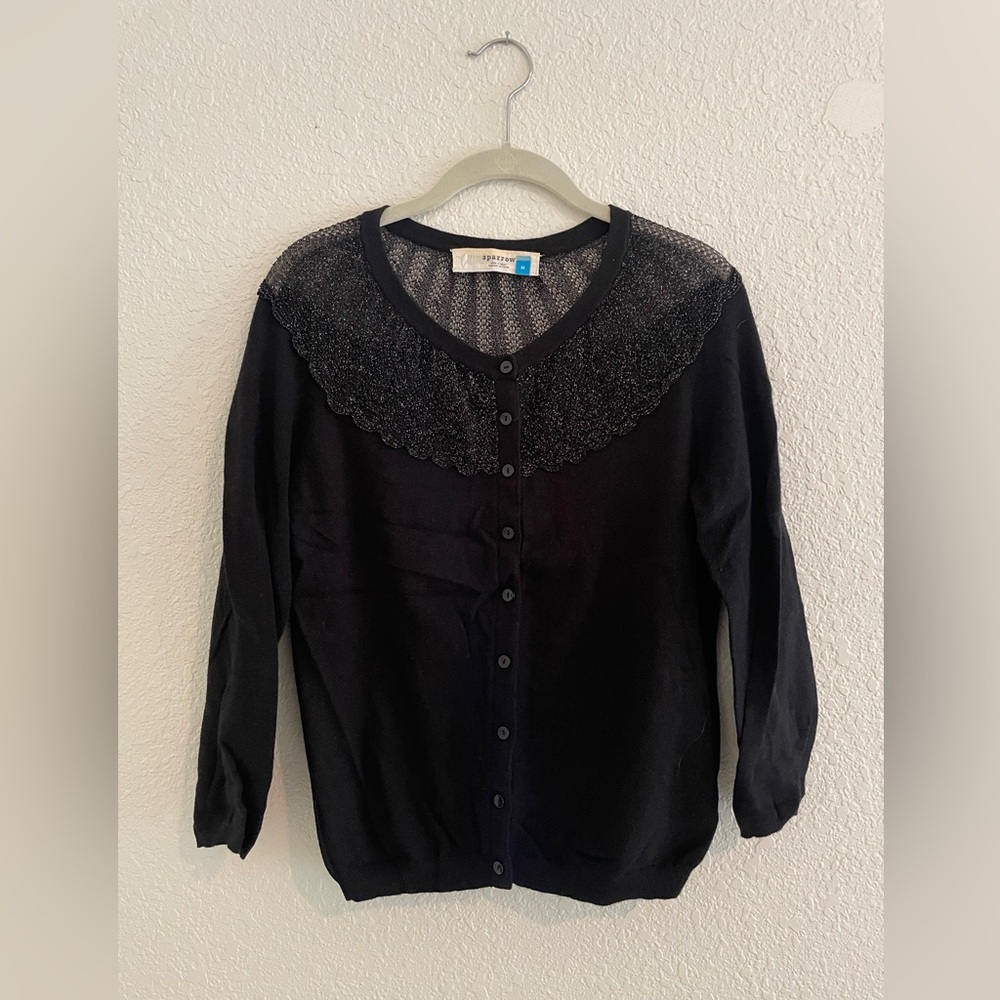Anthropologie Sparrow Black Cardigan with Semi-sheer neckline and 3/4 sleeves